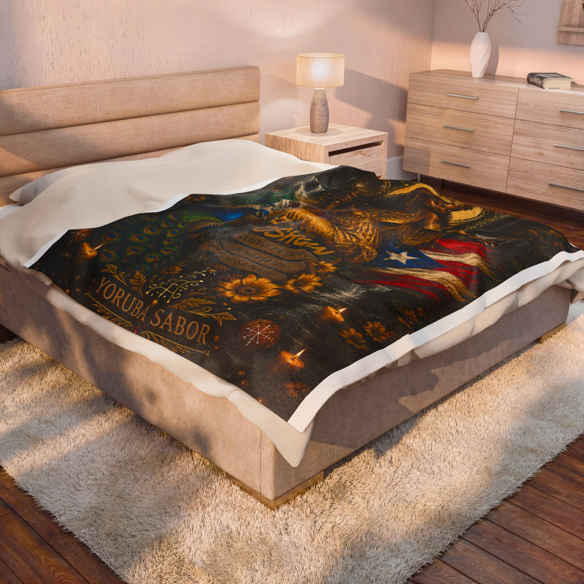 Oshun Velveteen Plush Blanket — Goddess of Rivers Afro-Caribbean Shrine Throw