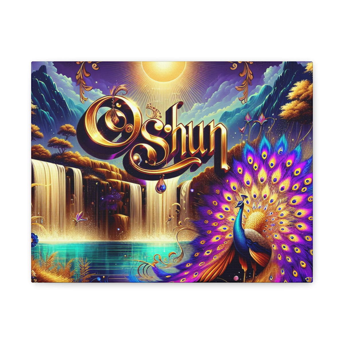 Oshun-Inspired Matte Canvas Wall Art - Vibrant Peacock and Waterfall Decor