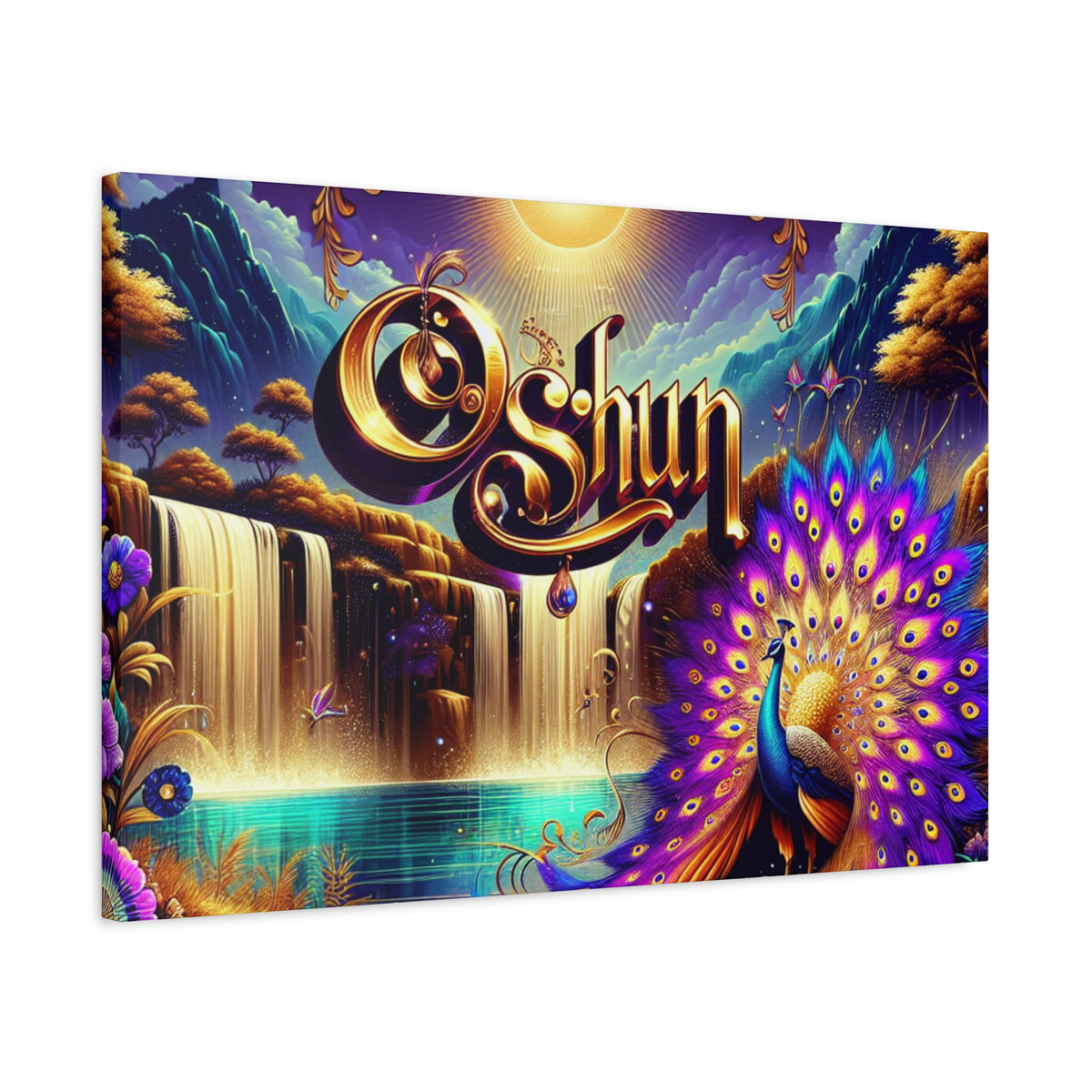 Oshun-Inspired Matte Canvas Wall Art - Vibrant Peacock and Waterfall Decor