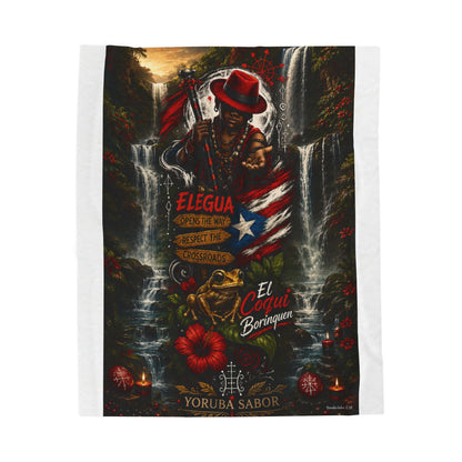 Elegua Puerto Rican Velveteen Plush Blanket — 'El Coquí Borinquen' Spiritual Shrine Design