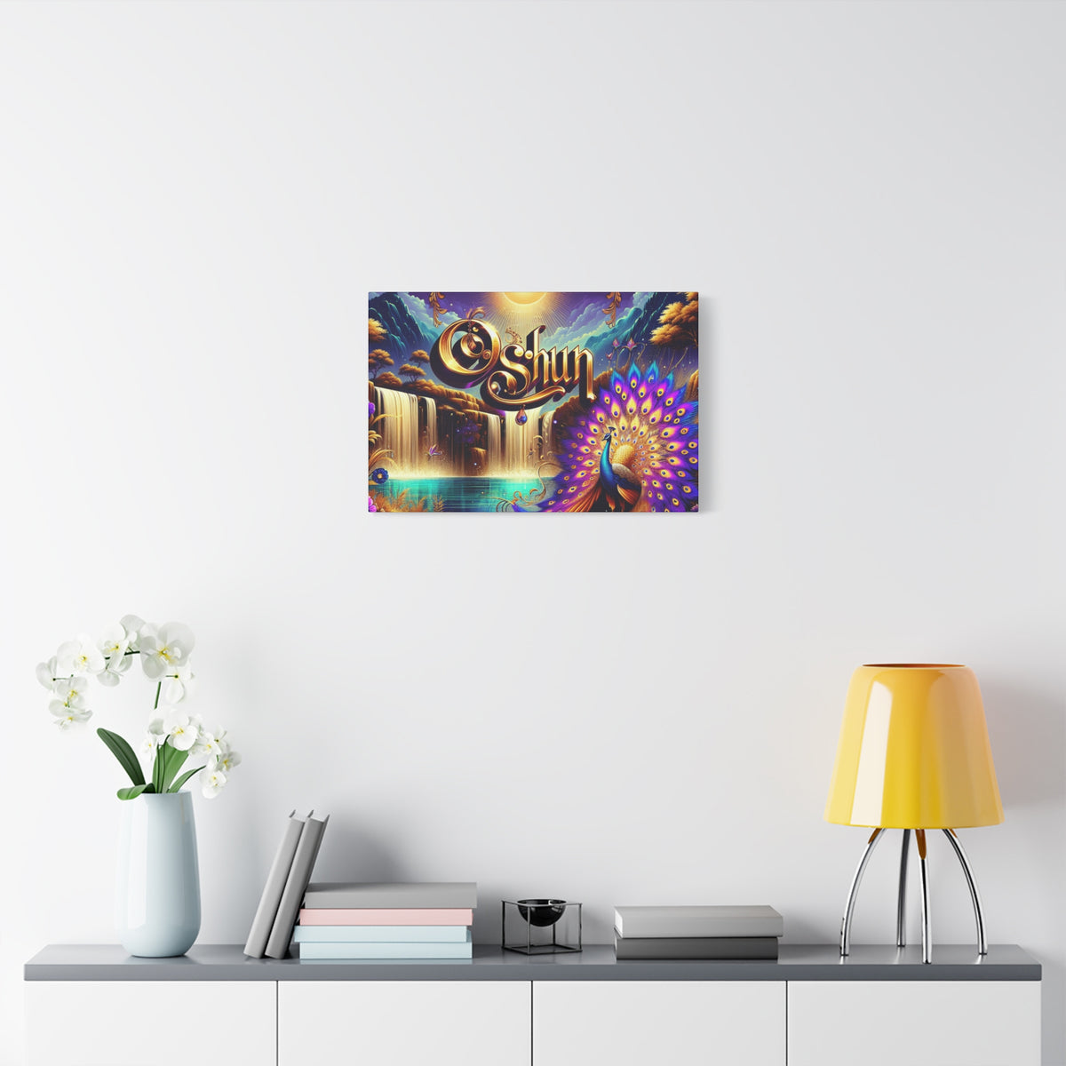 Oshun-Inspired Matte Canvas Wall Art - Vibrant Peacock and Waterfall Decor