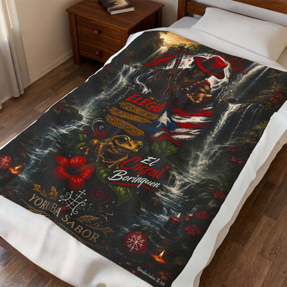 Elegua Puerto Rican Velveteen Plush Blanket — 'El Coquí Borinquen' Spiritual Shrine Design