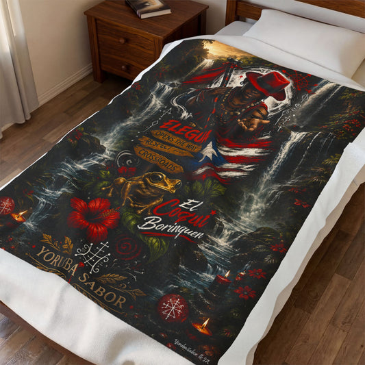 Elegua Puerto Rican Velveteen Plush Blanket — 'El Coquí Borinquen' Spiritual Shrine Design