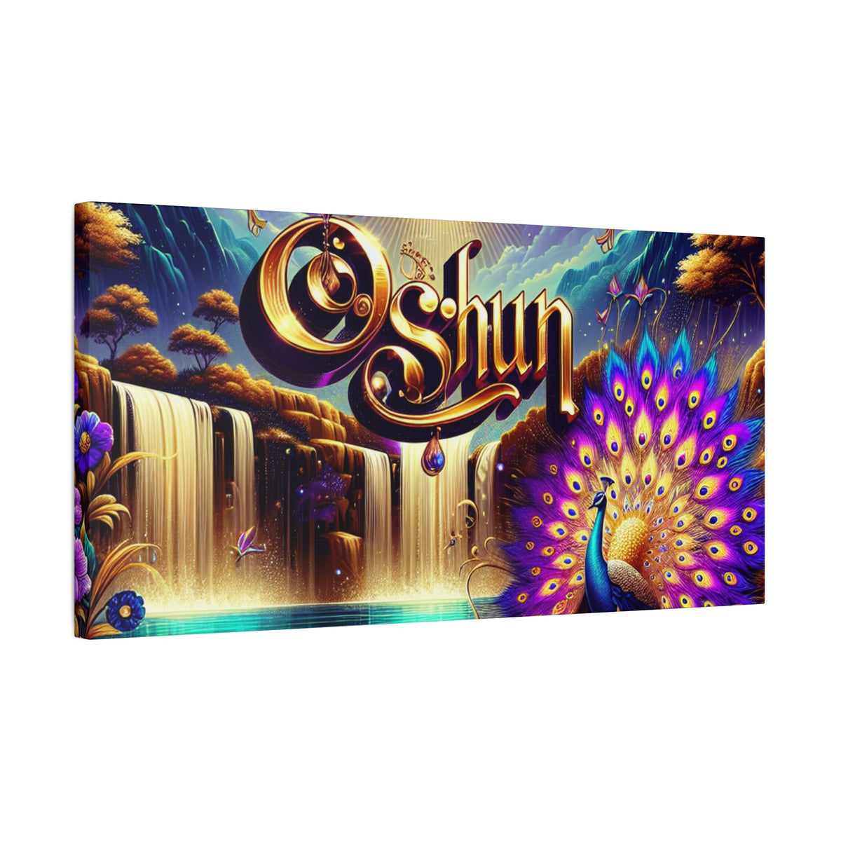 Oshun-Inspired Matte Canvas Wall Art - Vibrant Peacock and Waterfall Decor