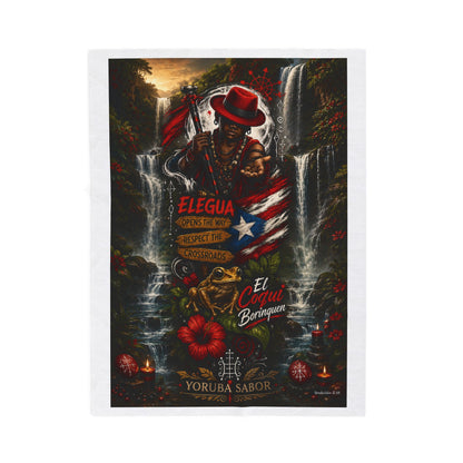 Elegua Puerto Rican Velveteen Plush Blanket — 'El Coquí Borinquen' Spiritual Shrine Design