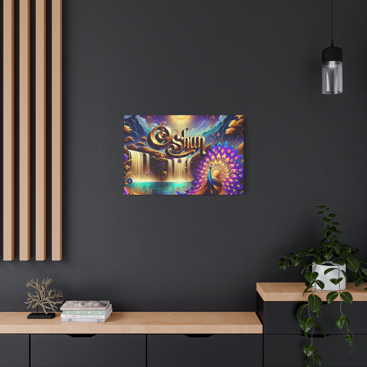 Oshun-Inspired Matte Canvas Wall Art - Vibrant Peacock and Waterfall Decor
