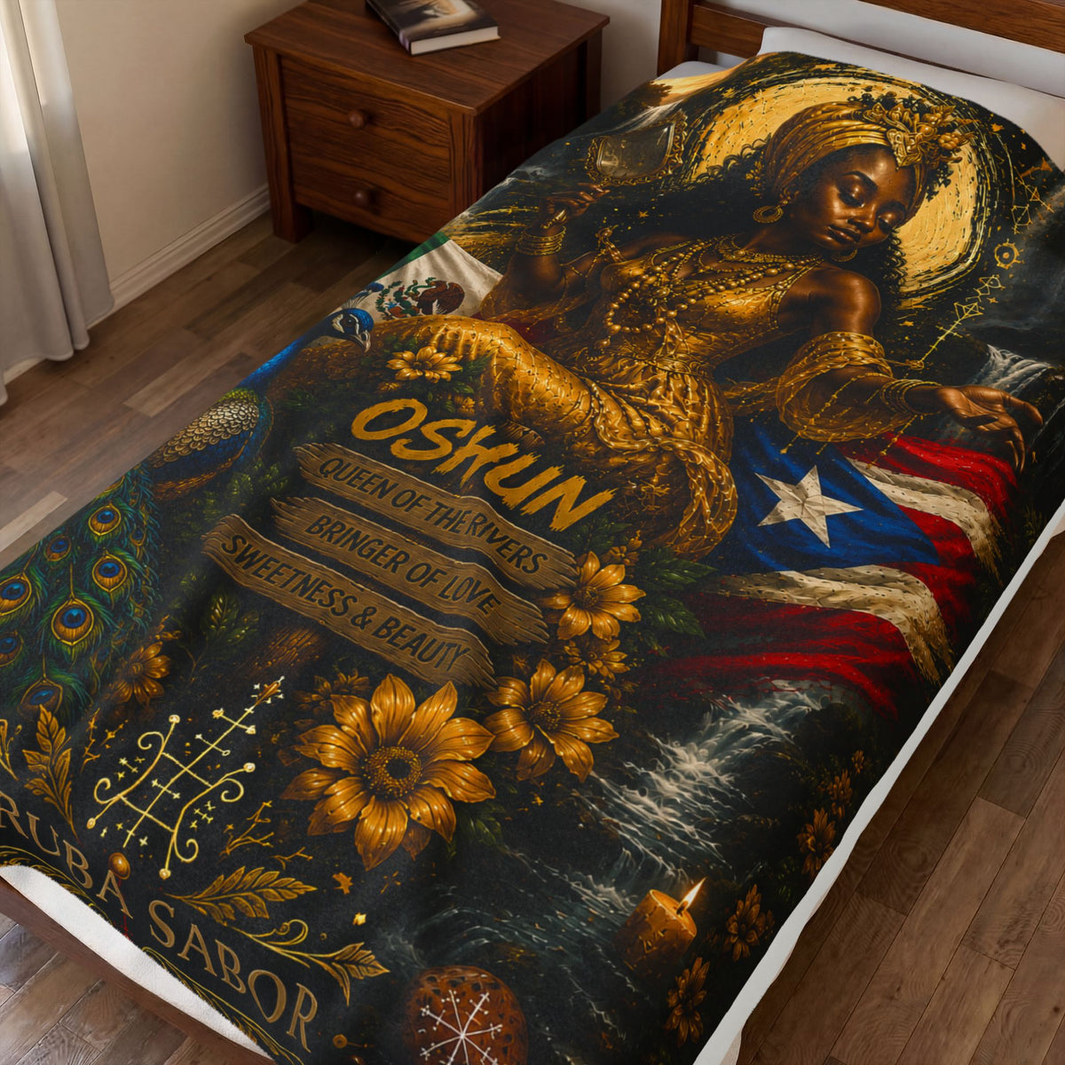 Oshun Velveteen Plush Blanket — Goddess of Rivers Afro-Caribbean Shrine Throw