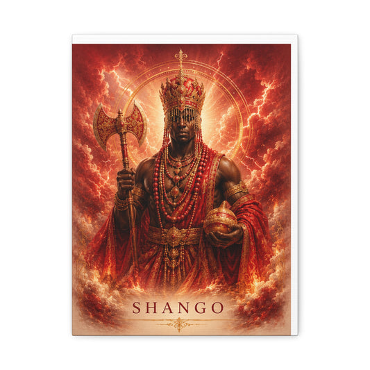 Warrior King Canvas Print — African Deity Art, Regal Red God with Axe (Matte Stretched)
