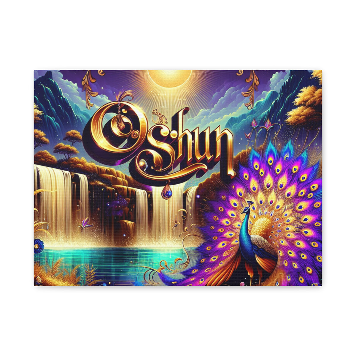 Oshun-Inspired Matte Canvas Wall Art - Vibrant Peacock and Waterfall Decor